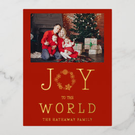 Postal Festiva Con Relieve Metalizado Minimalist Gold Snowflakes Joy To The World Family