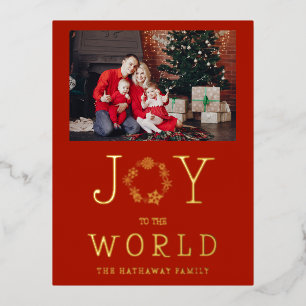 Postal Festiva Con Relieve Metalizado Minimalist Gold Snowflakes Joy To The World Family
