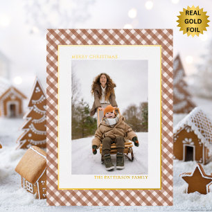 Postal Festiva Con Relieve Metalizado Mocha Brown Gingham Plaid Pattern Photo Navidades