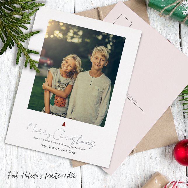 Postal Festiva Con Relieve Metalizado Moda de letra manual moderna foto individual (Chic Modern Hand Lettering Single Photo Foil Holiday Postcard)