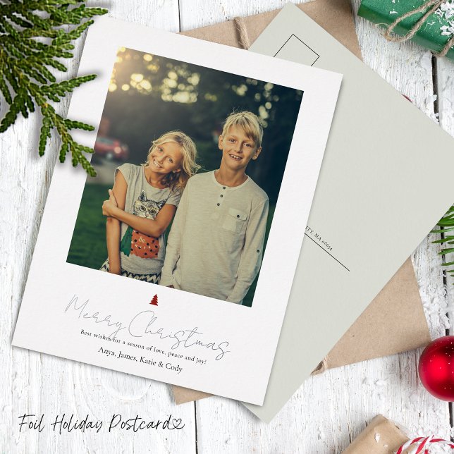 Postal Festiva Con Relieve Metalizado Moda de letra manual moderna foto individual (Chic Modern Hand Lettering Single Photo Foil Holiday Postcard)