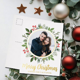 Postal Festiva Con Relieve Metalizado Moda Feliz Navidad Wreath Photo Gold