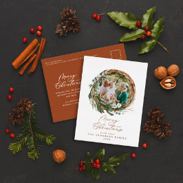 Postal Festiva Con Relieve Metalizado Modern foliage wreath merry christmas script foil