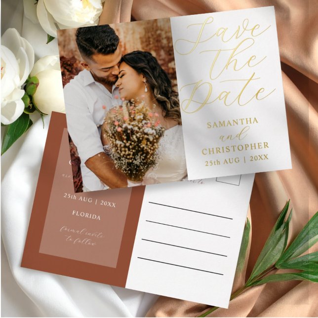 Postal Festiva Con Relieve Metalizado Modern Terracotta Photo Save the Date Wedding (Subido por el creador)