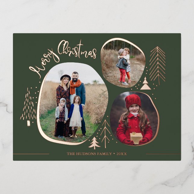 Postal Festiva Con Relieve Metalizado Modernas 3 fotos Feliz Navidad (Anverso)