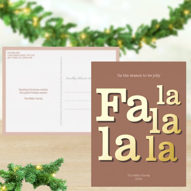 Postal Festiva Con Relieve Metalizado Moderno Fa La Mocha Simple Moda Trendy Gold (Personalized Christmas holiday postcards in earthy colors accented with real gold foil)