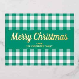 Postal Festiva Con Relieve Metalizado Moderno Green Plaid Merry Christmas Gold