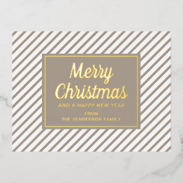 Postal Festiva Con Relieve Metalizado Moderno Taupe Stripes Feliz Navidad Gold