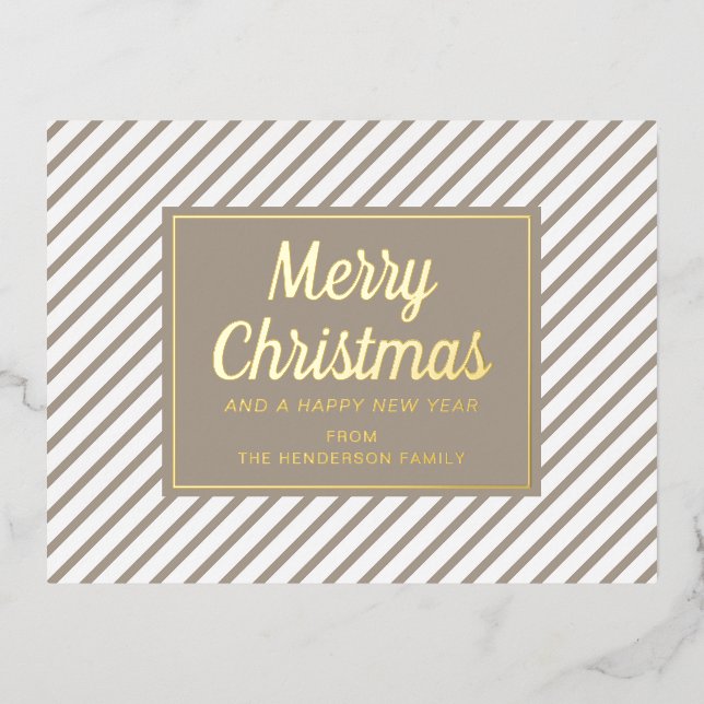 Postal Festiva Con Relieve Metalizado Moderno Taupe Stripes Feliz Navidad Gold (Anverso)