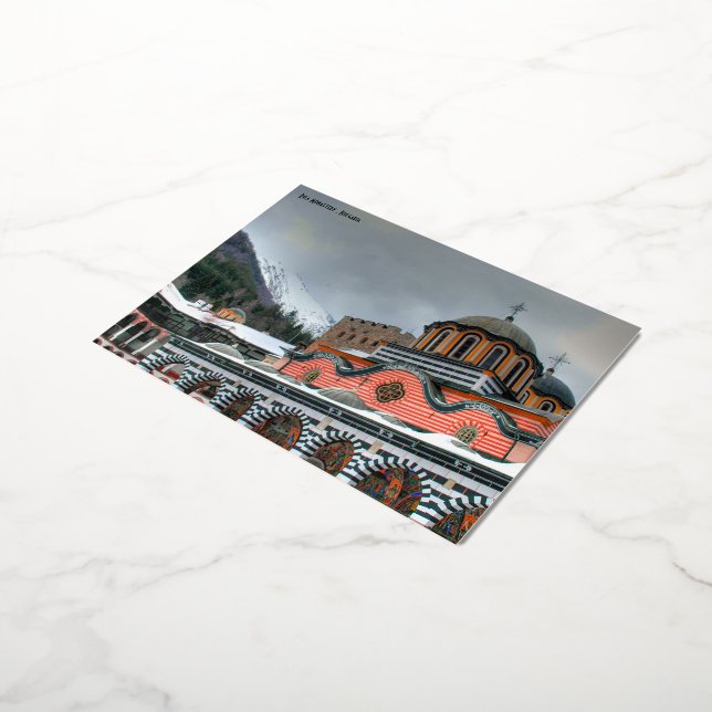 Postal Festiva Con Relieve Metalizado Monasterio de Rila, Bulgaria Postcard (girado)