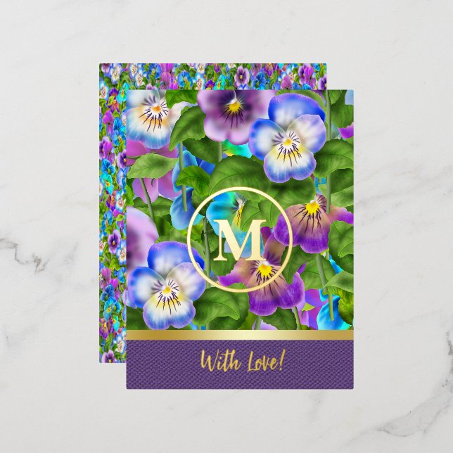 Postal Festiva Con Relieve Metalizado Monograma Nacimiento Pansy Flores Violetas acuarel (Anverso/Reverso)