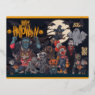 Postal Festiva Con Relieve Metalizado Monstruos de Halloween