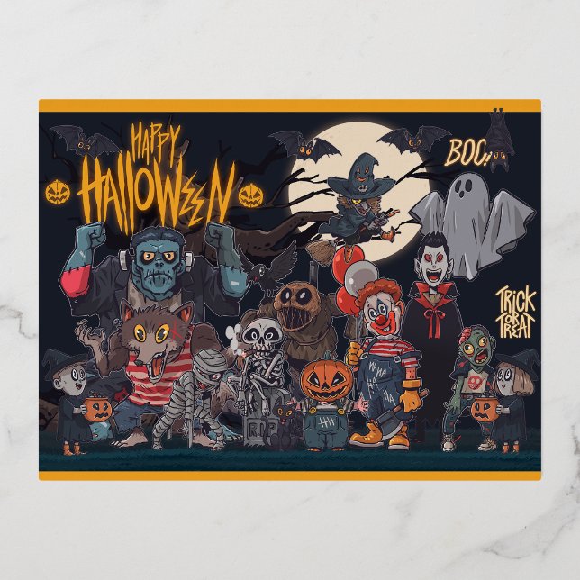 Postal Festiva Con Relieve Metalizado Monstruos de Halloween (Anverso)
