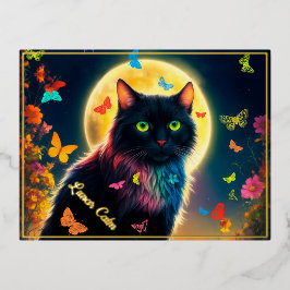 Postal Festiva Con Relieve Metalizado Moon cat decoración mariposa bonito luz de la luna