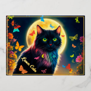 Postal Festiva Con Relieve Metalizado Moon cat decoración mariposa bonito luz de la luna