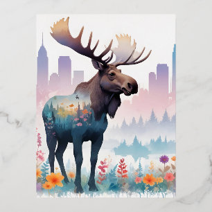 Postal Festiva Con Relieve Metalizado Moose Vintage Animal Nature Forest Flowers Art