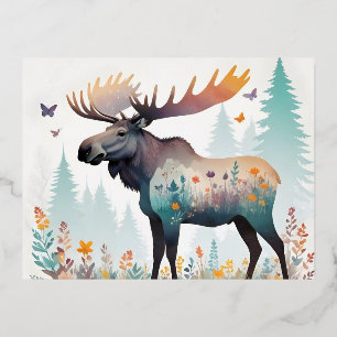 Postal Festiva Con Relieve Metalizado Moose Vintage Animal Nature Forest Flowers Art