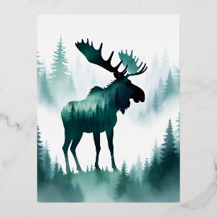 Postal Festiva Con Relieve Metalizado Moose Wildlife Animal Nature Forest Mountain Art