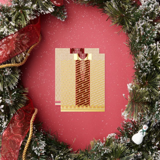 Postal Festiva Con Relieve Metalizado moqueta roja y beige con un borde rojo (in situ)