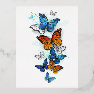 Postal Festiva Con Relieve Metalizado Morfo y monarca de las mariposas voladoras