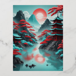 Postal Festiva Con Relieve Metalizado Motivos de inspiración japonesa