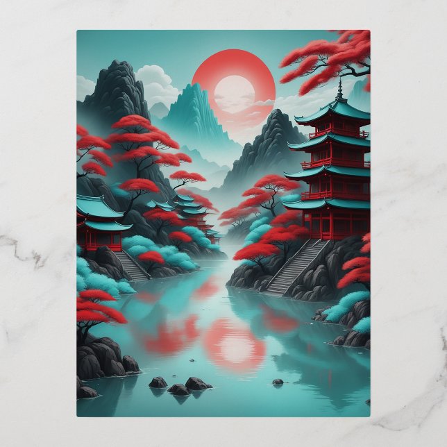 Postal Festiva Con Relieve Metalizado Motivos de inspiración japonesa (Anverso)
