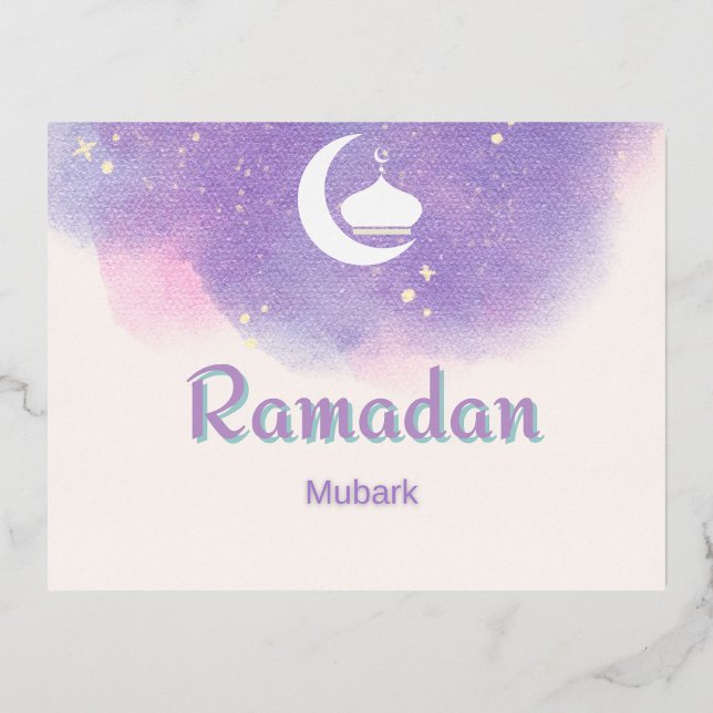 Postal Festiva Con Relieve Metalizado Mubarak morado de Ramadán (Anverso)
