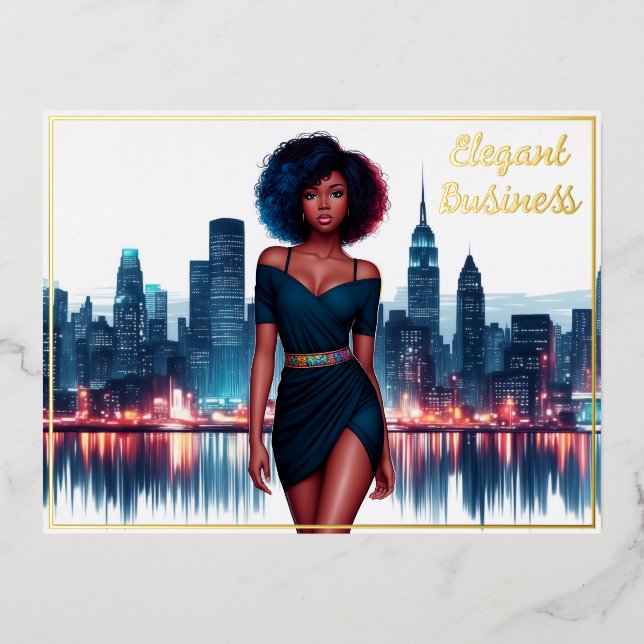 Postal Festiva Con Relieve Metalizado Mujer afroamericana decoración moderna (Anverso)