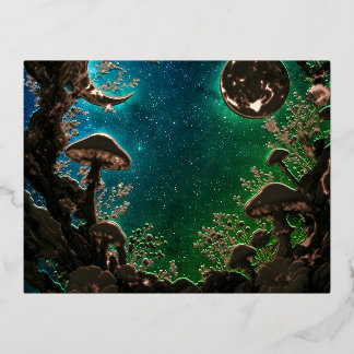 Postal Festiva Con Relieve Metalizado Mushrooms and Moons Teal Blue Fairycore