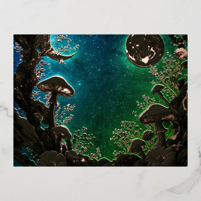 Postal Festiva Con Relieve Metalizado Mushrooms and Moons Teal Blue Fairycore (Anverso)