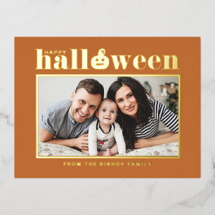 Postal Festiva Con Relieve Metalizado Naranja Jack-o'-lantern Foto Halloween
