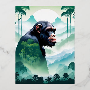 Postal Festiva Con Relieve Metalizado Naturaleza animal chimpancé Selva forestal