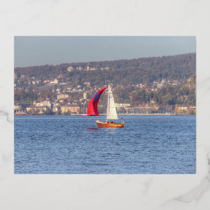 Postal Festiva Con Relieve Metalizado Navegar Por El Lago Zurich