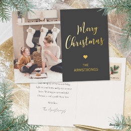 Postal Festiva Con Relieve Metalizado Navidad Foto Script Oro Carbón Moderno