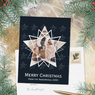 Postal Festiva Con Relieve Metalizado Navidad Moderna Estrella Geométrica Marina de Medi