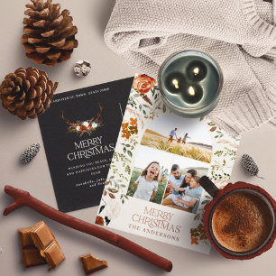 Postal Festiva Con Relieve Metalizado Navidad negro botánico elegante ciervo 3 foto