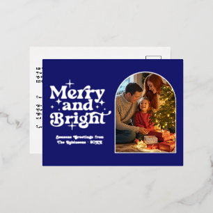 Postal Festiva Con Relieve Metalizado Navidad Retro Brillante De Madrugada Azul Y Plata