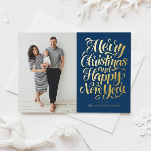 Postal Festiva Con Relieve Metalizado Navidad y feliz año nuevo en la Marina Azul