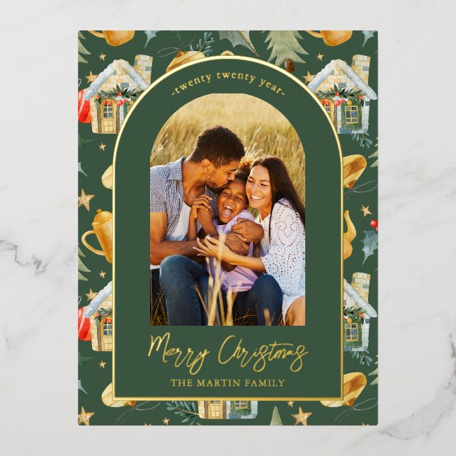 Postal Festiva Con Relieve Metalizado Navidades acuáticos foto verde (Anverso)