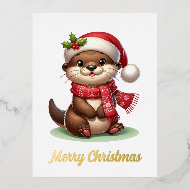 Postal Festiva Con Relieve Metalizado Navidades Adorables Otter (Anverso)