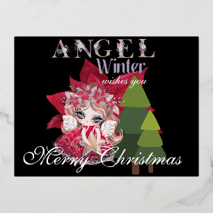 Postal Festiva Con Relieve Metalizado Navidades Angel Winter Merry Christmas