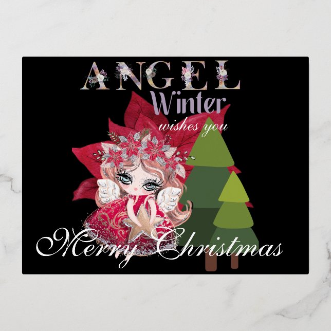 Postal Festiva Con Relieve Metalizado Navidades Angel Winter Merry Christmas (Anverso)