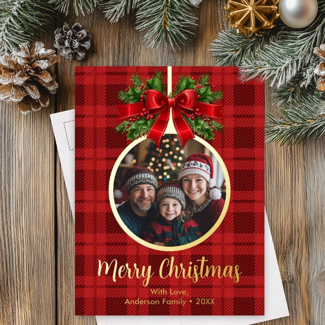 Postal Festiva Con Relieve Metalizado Navidades Ball Ornament Photo Buffalo Plaid (Christmas Ball Ornament Photo Buffalo Plaid Foil Holiday Postcard)