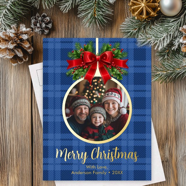Postal Festiva Con Relieve Metalizado Navidades Ball Ornament Photo Buffalo Plaid (Christmas Ball Ornament Photo Buffalo Plaid Foil Holiday Postcard)