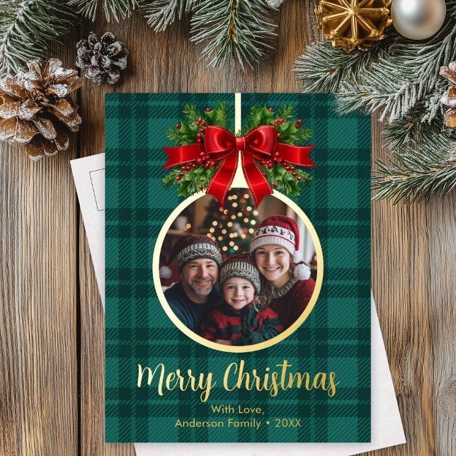 Postal Festiva Con Relieve Metalizado Navidades Ball Ornament Photo Buffalo Plaid (Christmas Ball Ornament Photo Buffalo Plaid Foil Holiday Postcard)