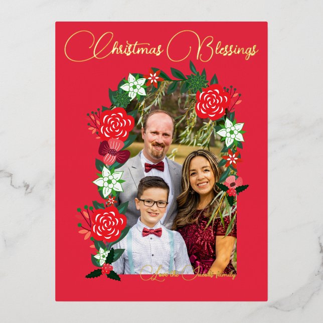 Postal Festiva Con Relieve Metalizado Navidades bendiciendo la floral