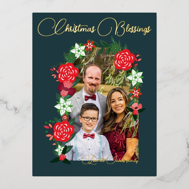 Postal Festiva Con Relieve Metalizado Navidades bendiciendo la floral (Anverso)