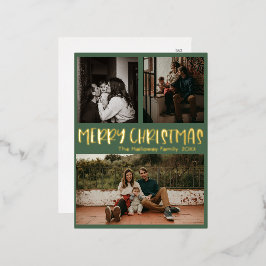 Postal Festiva Con Relieve Metalizado Navidades clásicos simples verde Tres foto oro