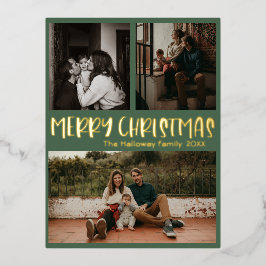 Postal Festiva Con Relieve Metalizado Navidades clásicos simples verde Tres foto oro