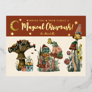 Postal Festiva Con Relieve Metalizado Navidades Cute Red and Gold Merry Magic Mushroom
